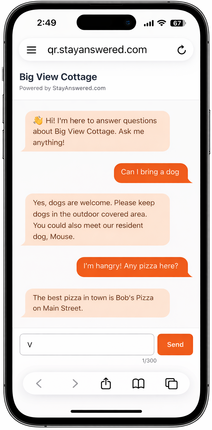 StayAnswered chat interface on iPhone showing guest questions and answers