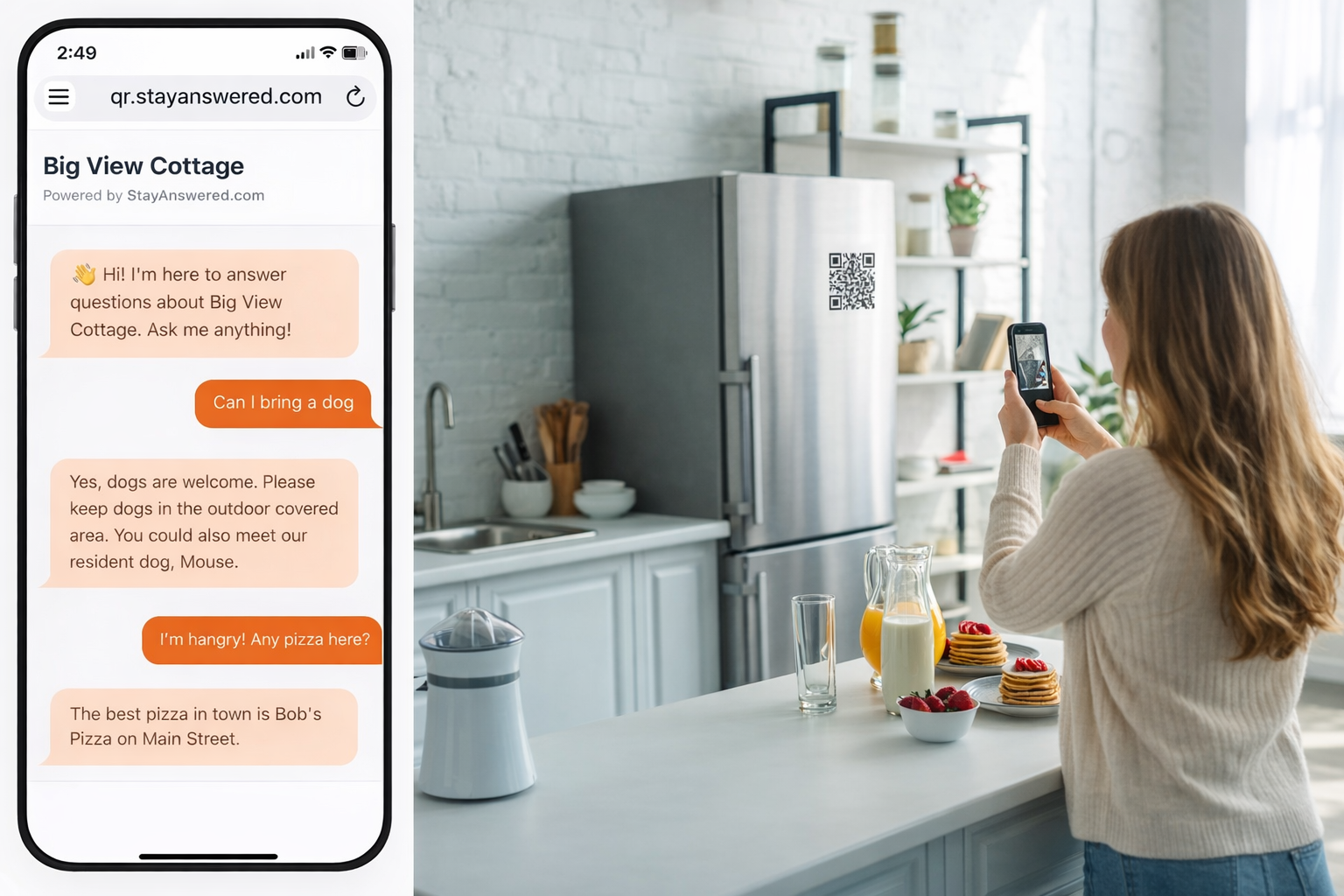 Guest scanning StayAnswered QR code on a fridge to chat with AI concierge